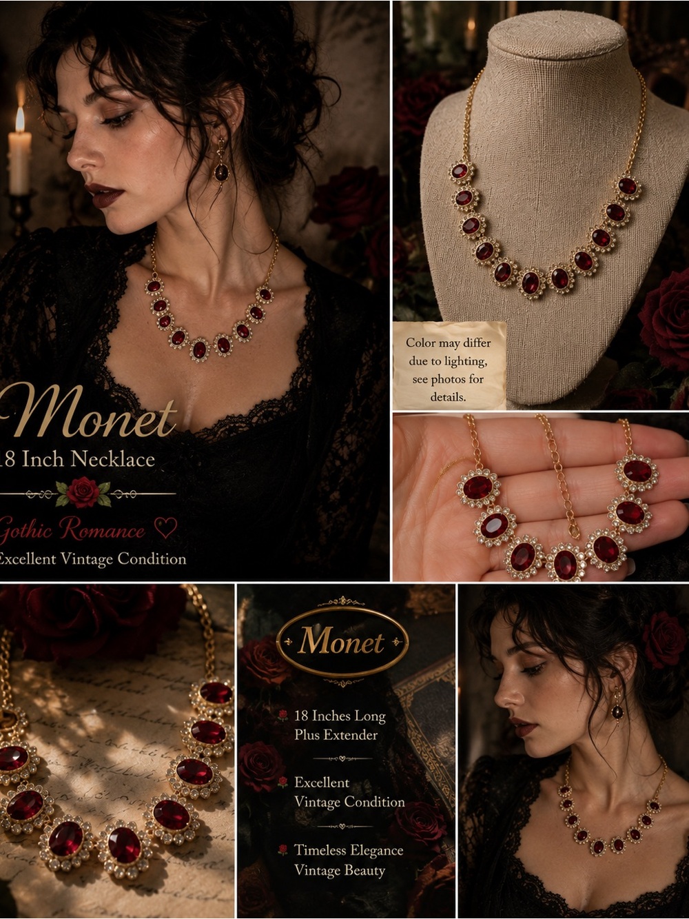 Monet Gold-Tone Necklace with Deep Red Gemstones